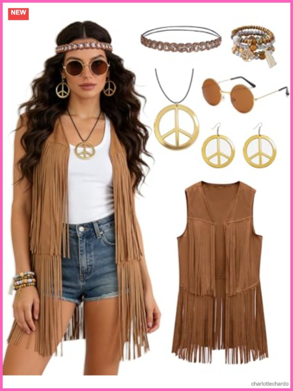 Hippie Costume Accessory Set Fringe Vest Peace Necklace 60s 70s Outfit